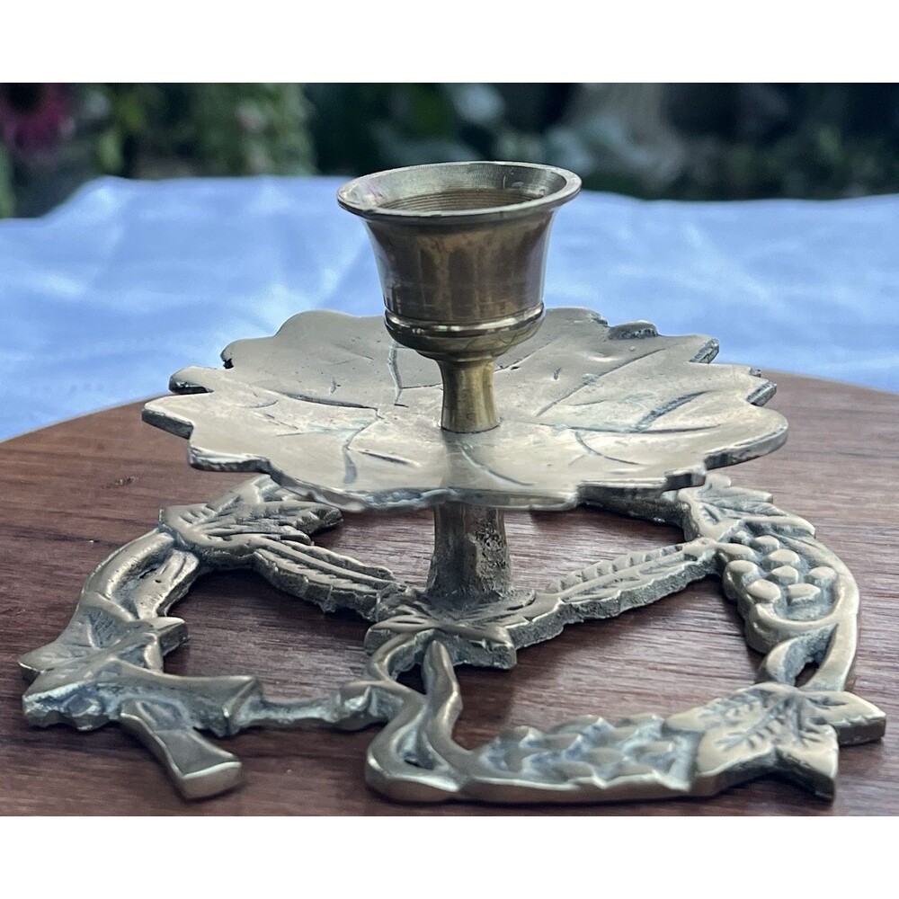 Vintage Solid Brass Grape Vine Leaf Chamberstick Candle Holder 6” Patina